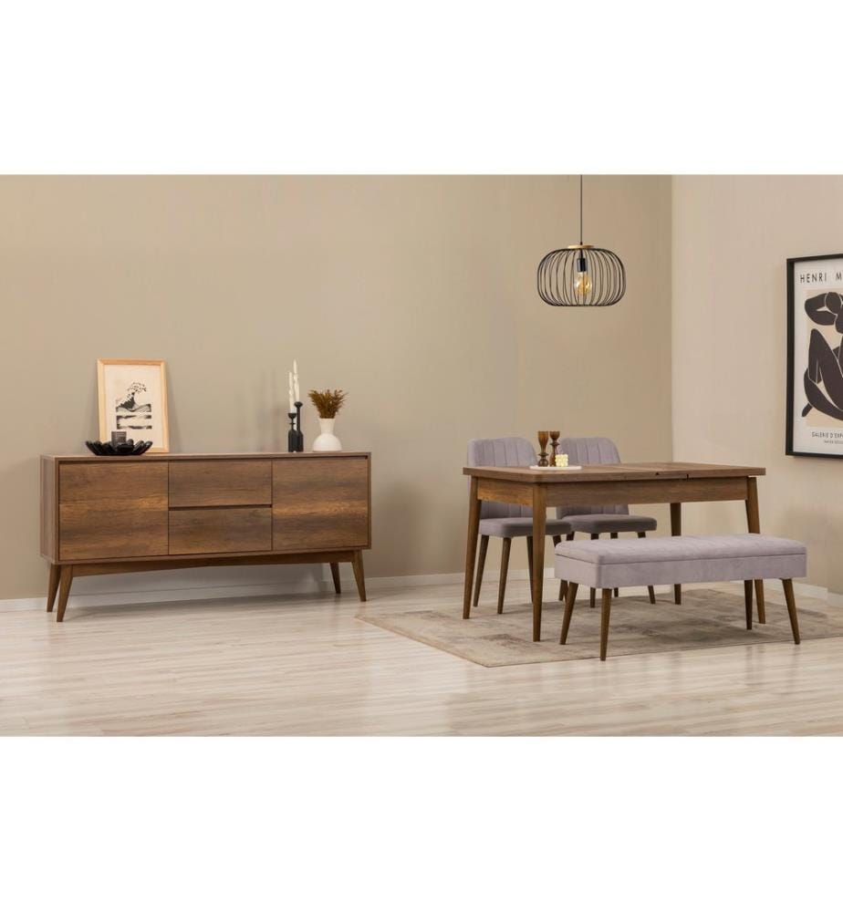 Set da pranzo allungabile con tavolo, sedie e consolle, 5 pezzi, noce, grigio, in truciolato rivestito in melamina al 100%.