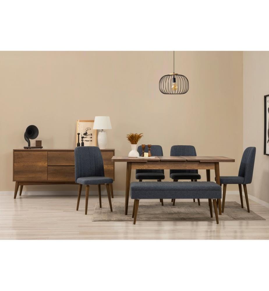 Ensemble table à manger extensible, chaises et console, 7 pièces, noyer, bleu foncé, 100% panneau de particules recouvert de mélamine