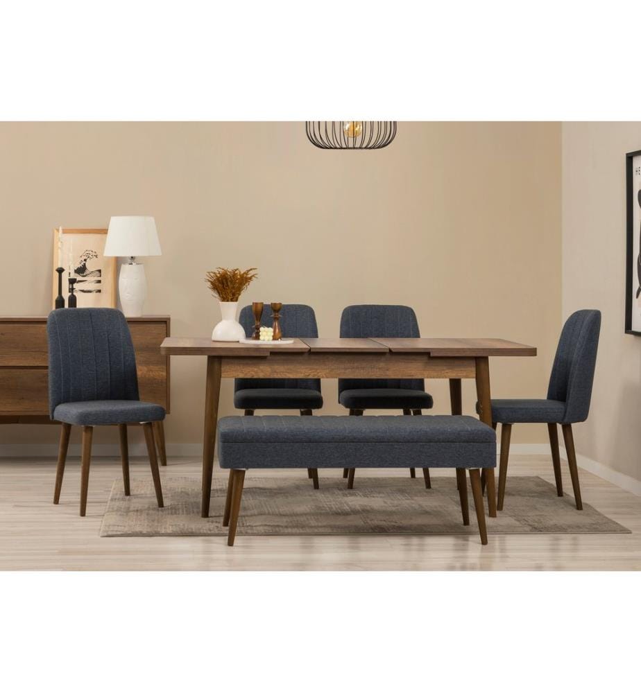 Ensemble table à manger extensible, chaises et console, 7 pièces, noyer, bleu foncé, 100% panneau de particules recouvert de mélamine
