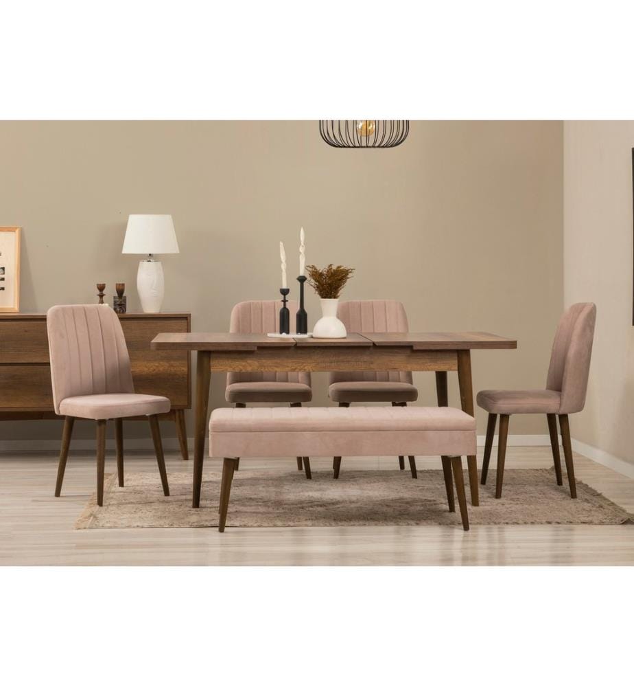 Set da pranzo allungabile con tavolo, sedie e consolle, 7 pezzi, noce, pietra, in truciolato rivestito in melamina al 100%.