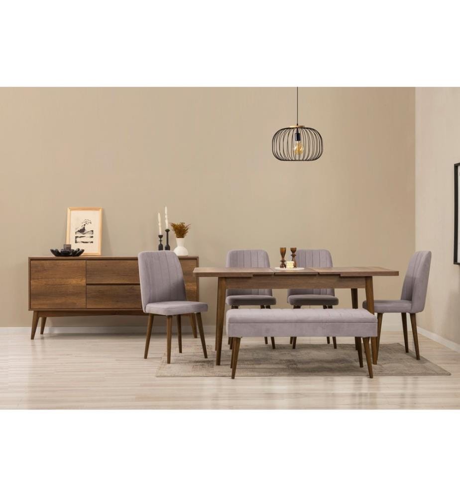 Set da pranzo allungabile con tavolo, sedie e consolle, 7 pezzi, noce, grigio, in truciolato rivestito in melamina al 100%.