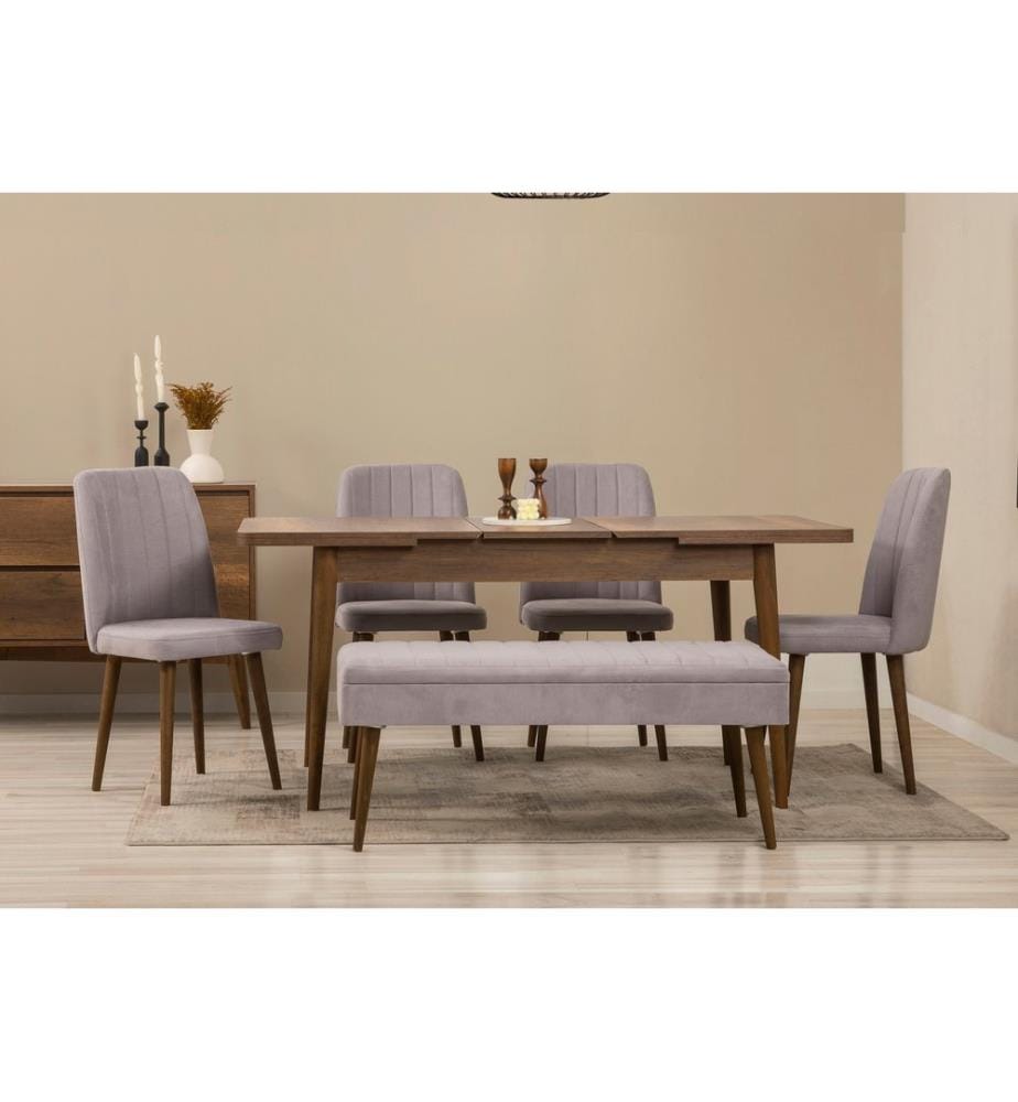 Set da pranzo allungabile con tavolo, sedie e consolle, 7 pezzi, noce, grigio, in truciolato rivestito in melamina al 100%.