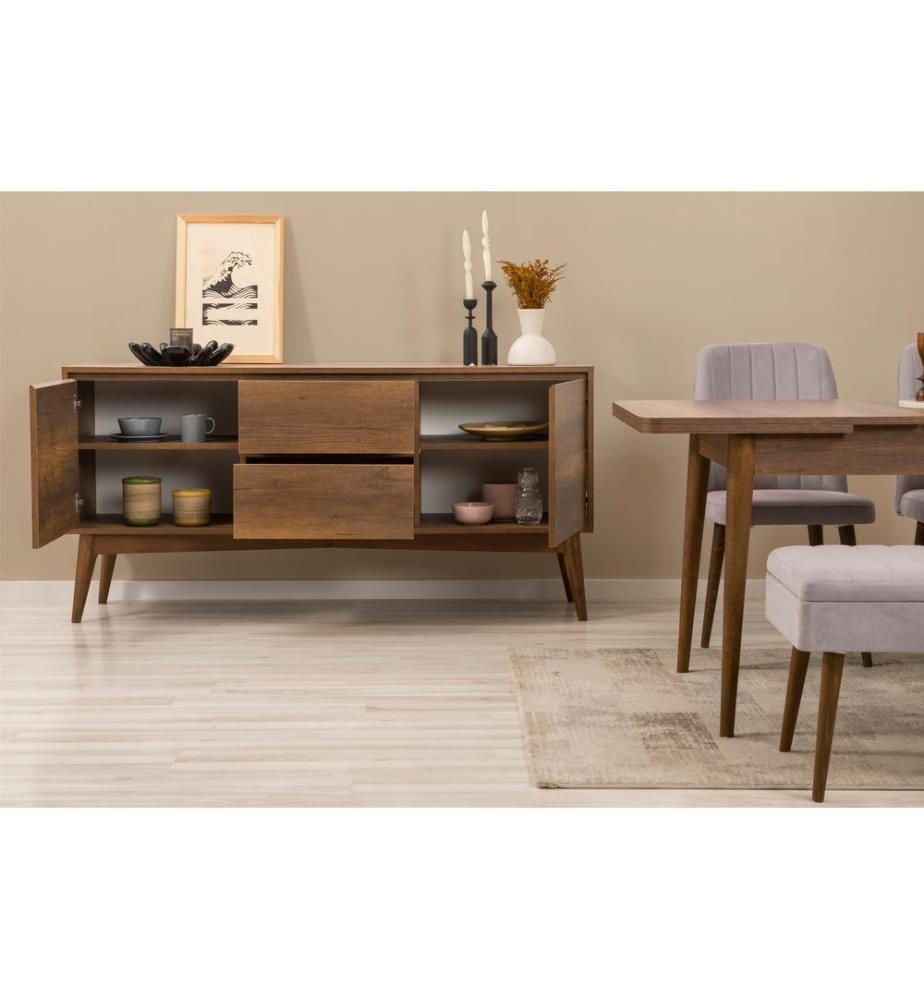 Set da pranzo allungabile con tavolo, sedie e consolle, 7 pezzi, noce, grigio, in truciolato rivestito in melamina al 100%.