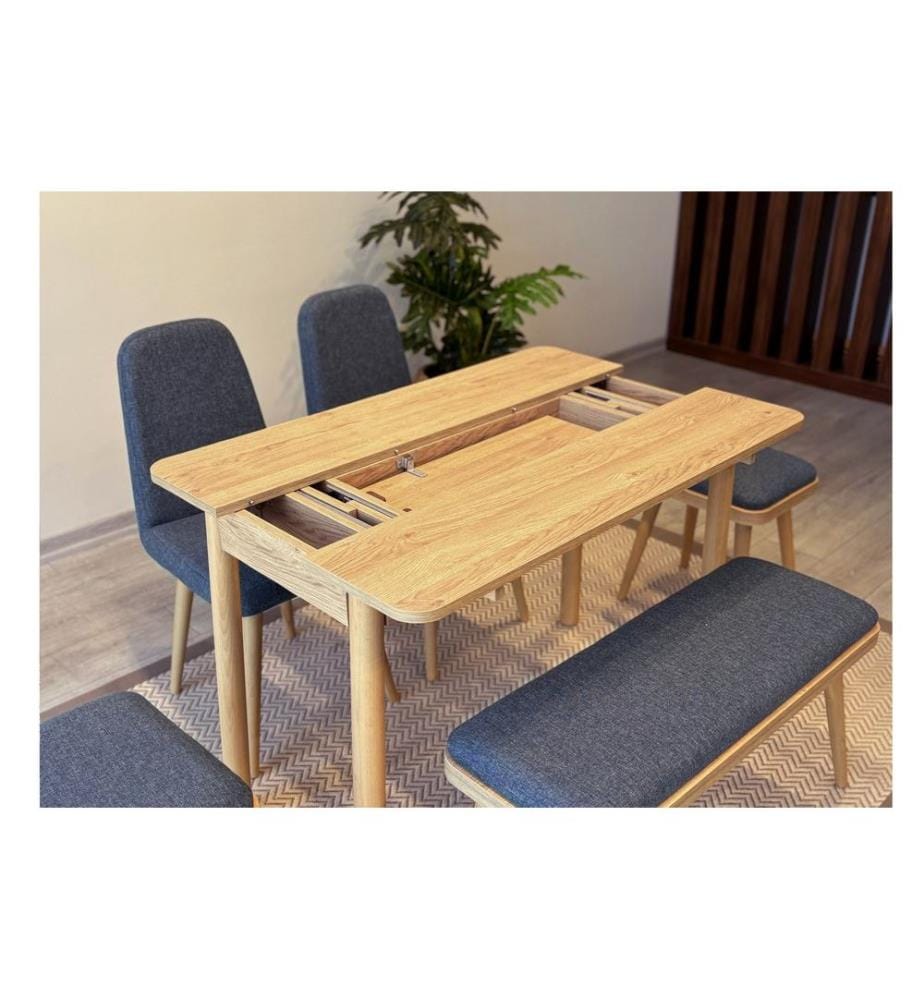 Ensemble table et chaises de salle à manger extensible, 6 pièces, chêne, bleu foncé, 100% panneau de particules recouvert de mélamine