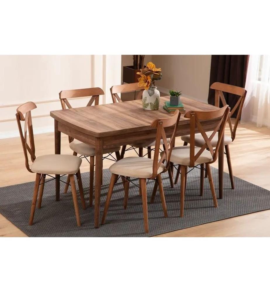Ensemble table et chaises de salle à manger extensible, 7 pièces, marron, structure : 70% CHARME / 30% AGGLOMÉRÉ MÉLAMINÉ
