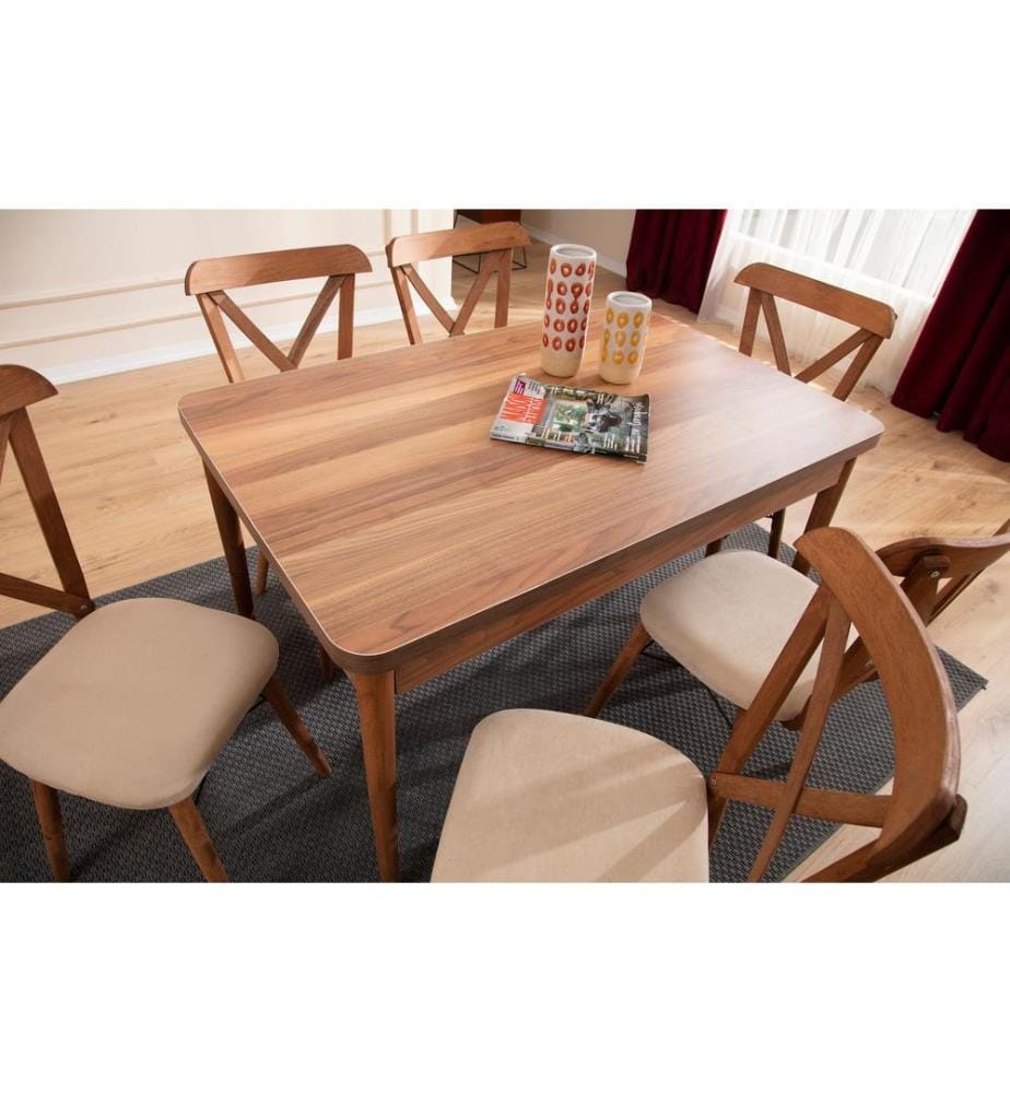 Ensemble table et chaises de salle à manger extensible, 7 pièces, marron, structure : 70% CHARME / 30% AGGLOMÉRÉ MÉLAMINÉ