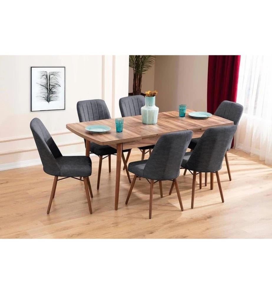 Ensemble table et chaises de salle à manger extensible, 7 pièces, anthracite, structure : 70% CHARME / 30% AGGLOMÉRÉ MÉLAMINÉ