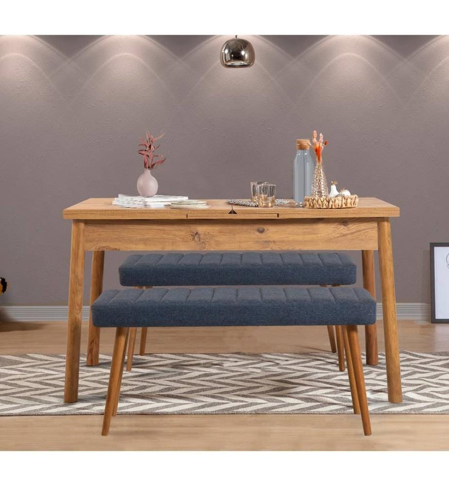 Extendable Dining Table & Bench Set, 3 Pieces, Atlantic Pine, Dark Blue, 100% MELAMINE COATED PARTICLE BOARD