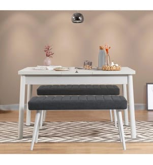 Extendable Dining Table & Bench Set, 3 Pieces, White, Anthracite, 100% MELAMINE COATED PARTICLE BOARD