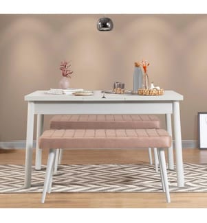 Extendable Dining Table & Bench Set, 3 Pieces, White, Stone, 100% MELAMINE COATED PARTICLE BOARD