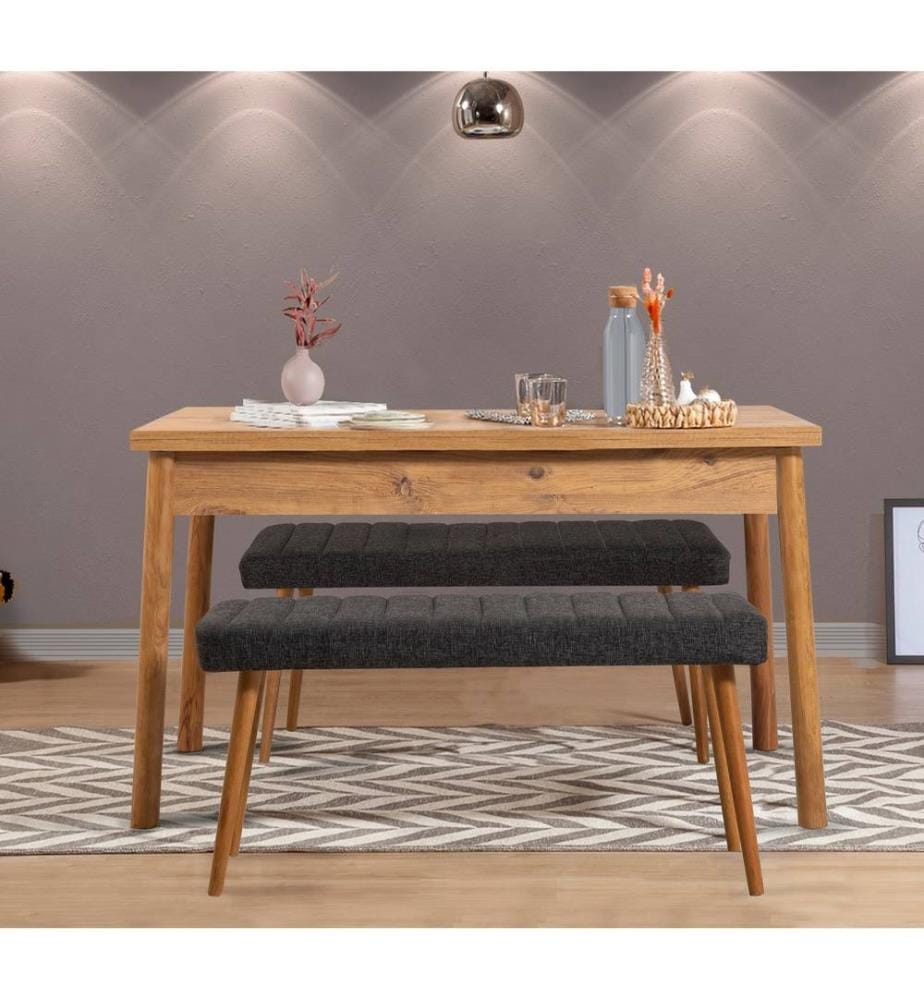 Dining Table & Bench Set, 3 Pieces, Atlantic Pine, Anthracite, 100% MELAMINE COATED PARTICLE BOARD