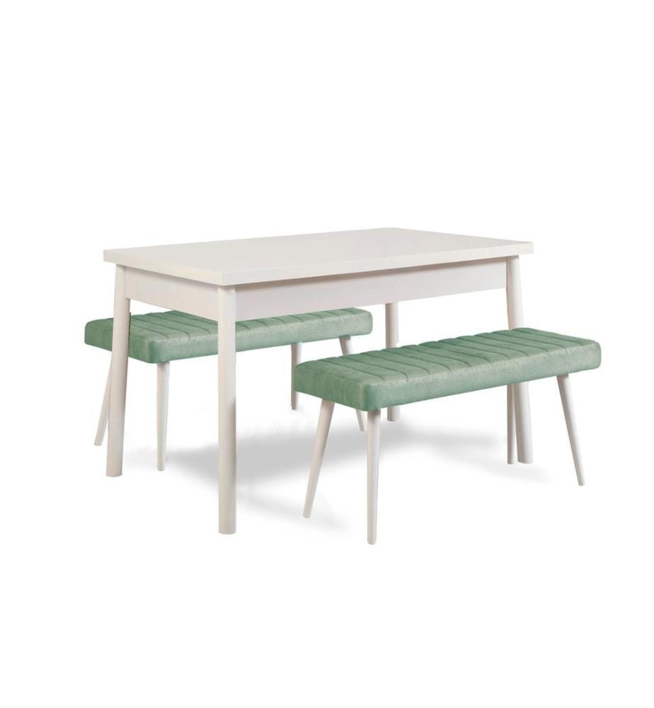 Ensemble table et banc de salle à manger, 3 pièces, blanc, vert, 100% PARTICULES ENDUITES DE MÉLAMINE