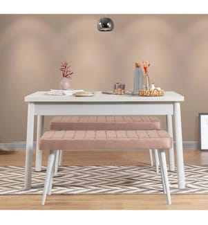Set tavolo e panca da pranzo, 3 pezzi, bianco, effetto pietra, in pannello di particelle rivestito in melamina al 100%.