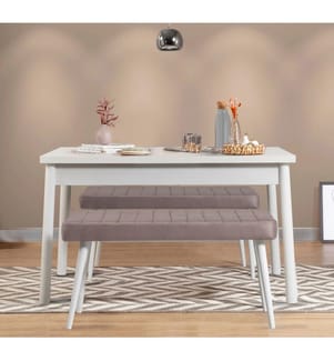 Set tavolo e panca da pranzo, 3 pezzi, bianco, grigio Soho, 100% pannello di particelle rivestito in melamina