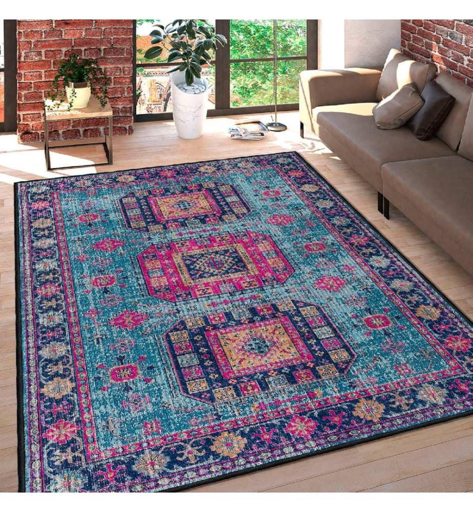 Teppich, Rosa, Orange, Blau, Marineblau, 100% Baumwolle, 60 x 100 cm