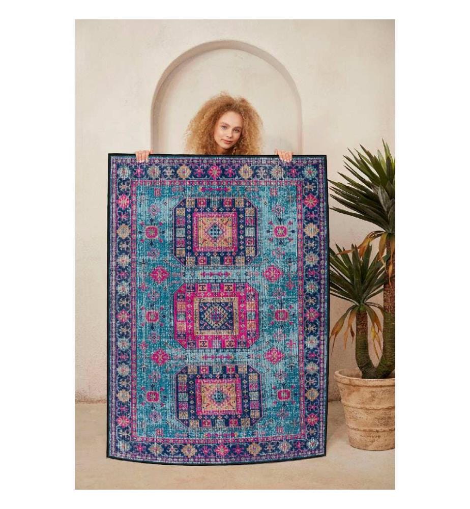 Teppich, Rosa, Orange, Blau, Marineblau, 100% Baumwolle, 60 x 100 cm
