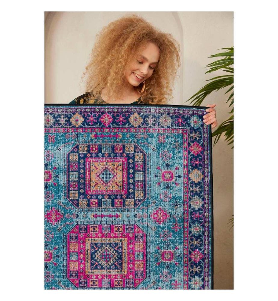 Teppich, Rosa, Orange, Blau, Marineblau, 100% Baumwolle, 60 x 100 cm