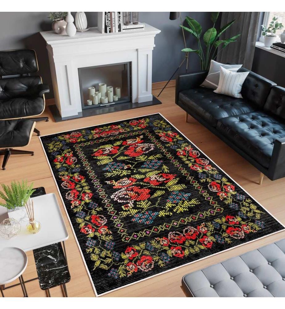 Tappeto, nero, 70% cotone / 30% ciniglia, 80 x 50 cm