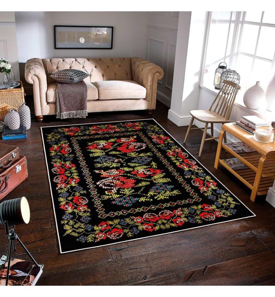Tappeto, nero, 70% cotone / 30% ciniglia, 80 x 50 cm
