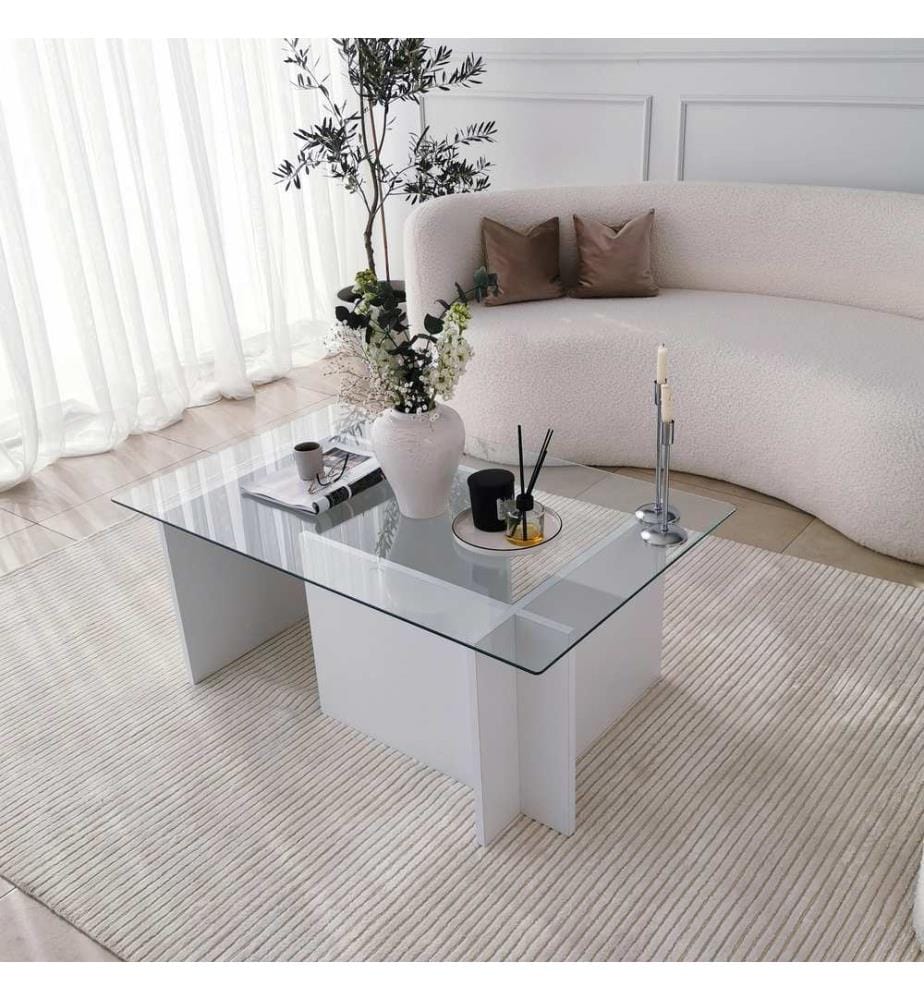 Table basse, blanc, verre trempé, cadre en panneaux de particules mélaminés