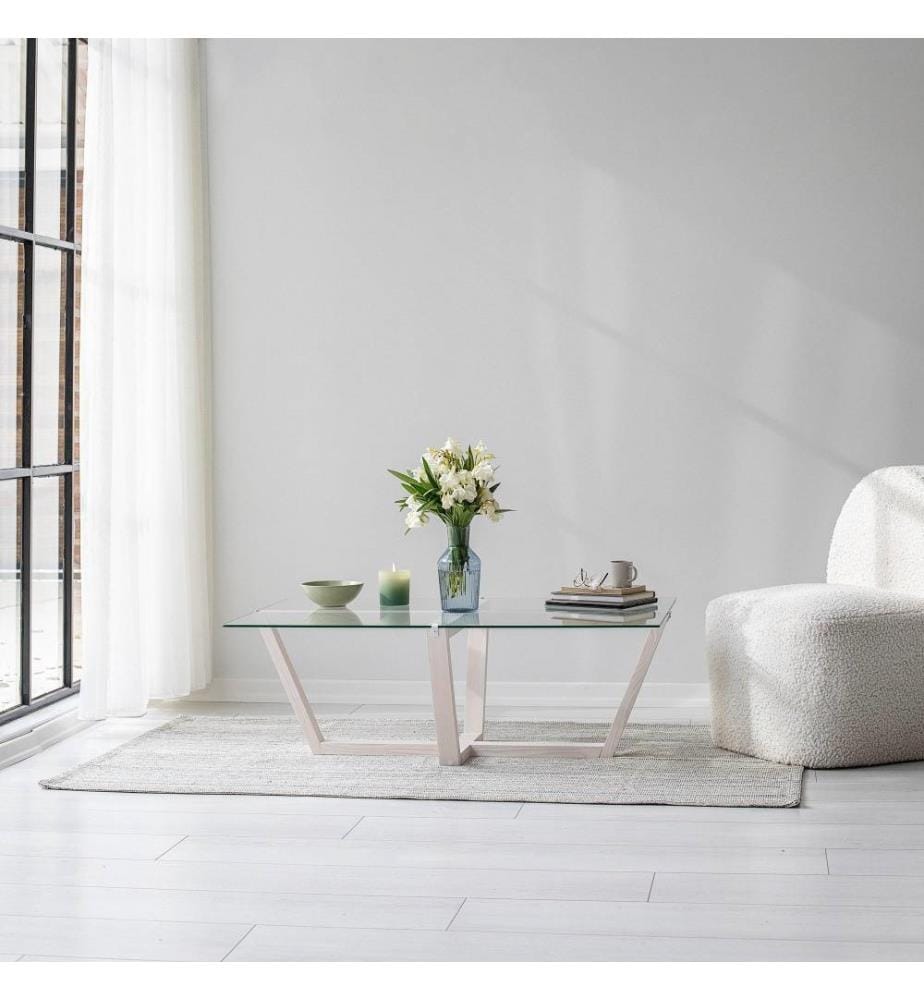Coffee Table, White, Tempered Glass, Pine Solid Wood Frame