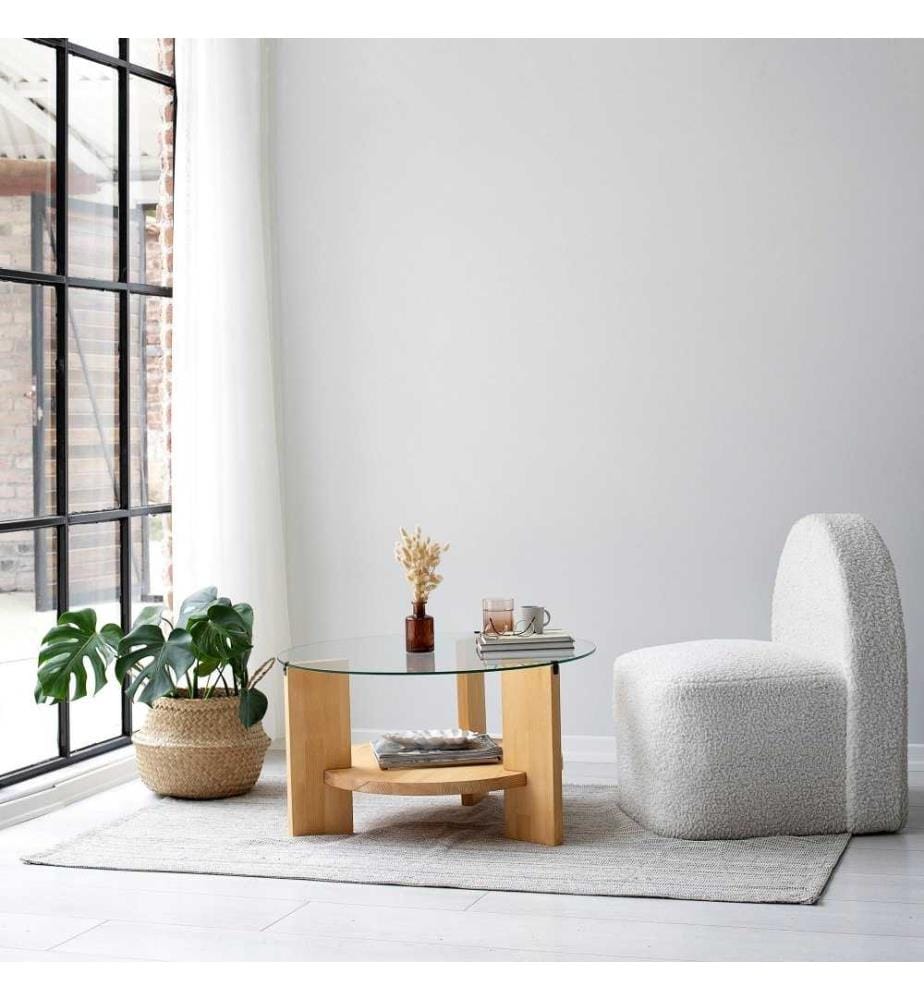 Table basse, chêne, verre trempé, cadre en pin massif