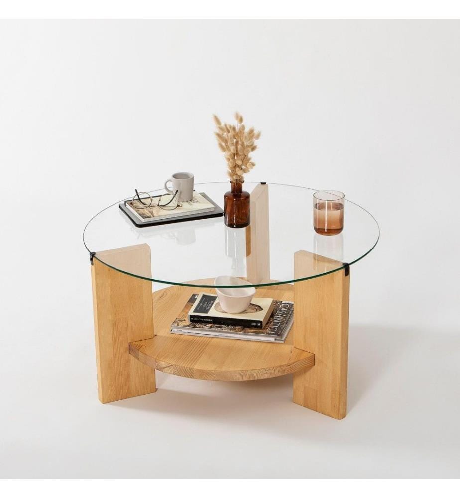 Table basse, chêne, verre trempé, cadre en pin massif