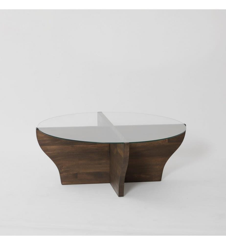 Table basse, noyer, verre trempé, structure métallique