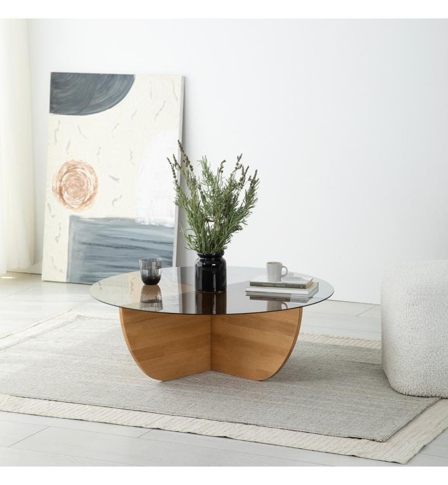 Coffee Table, Oak, Table Top: Tempered Glass, Frame: Solid Pine Wood