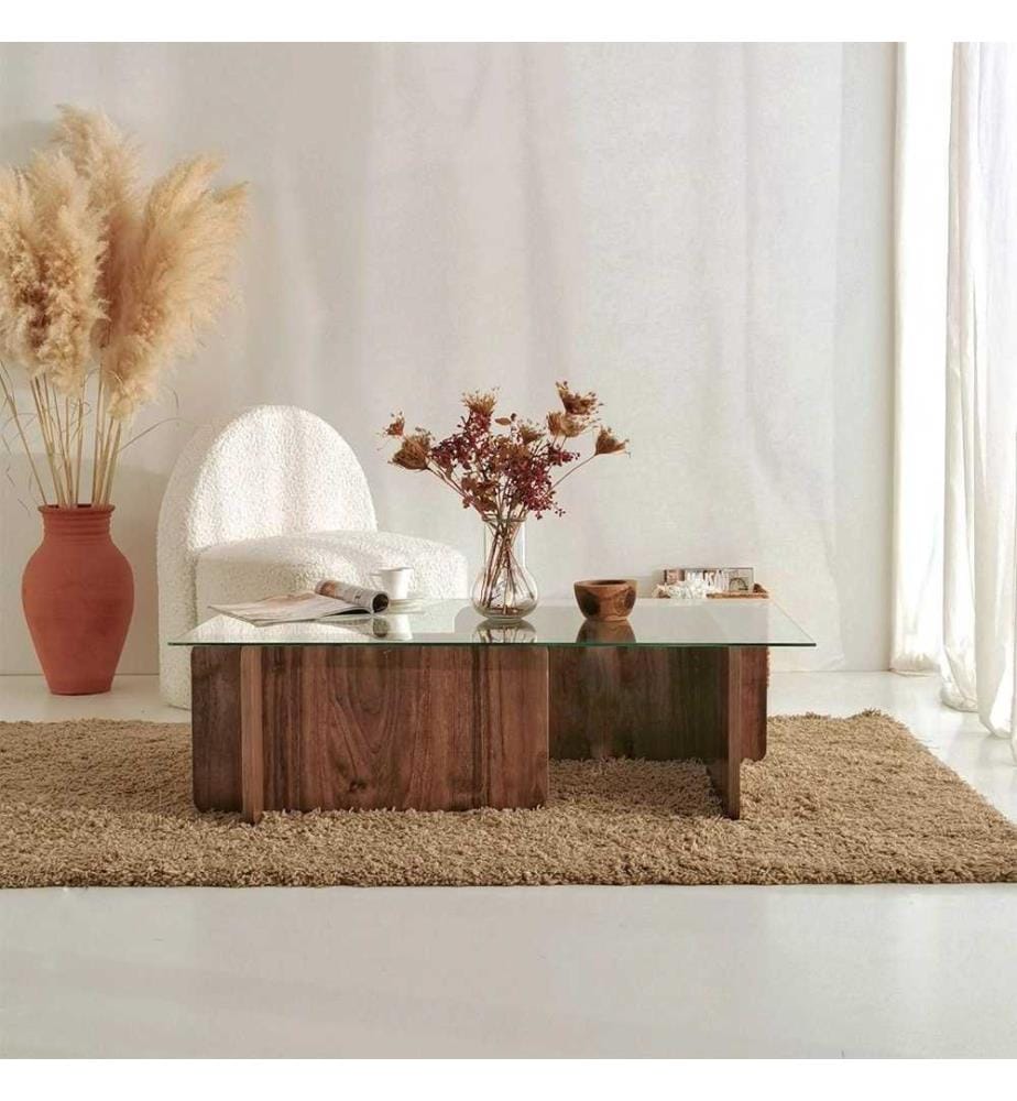 Table basse, noyer, verre trempé, cadre en panneaux de particules mélaminés