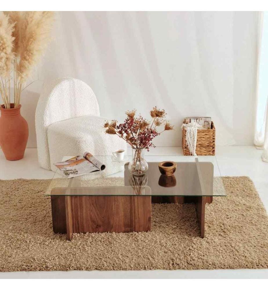 Table basse, noyer, verre trempé, cadre en panneaux de particules mélaminés