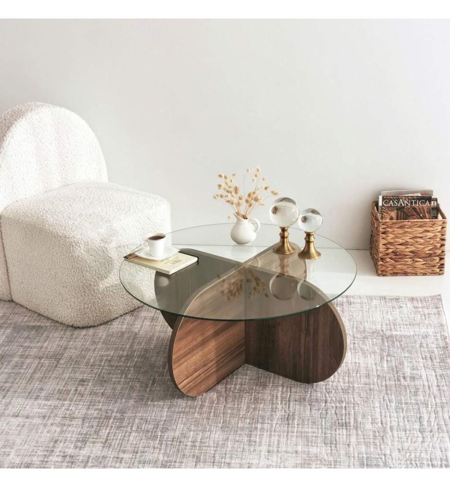 Table basse, noyer, verre trempé, cadre en panneaux de particules mélaminés