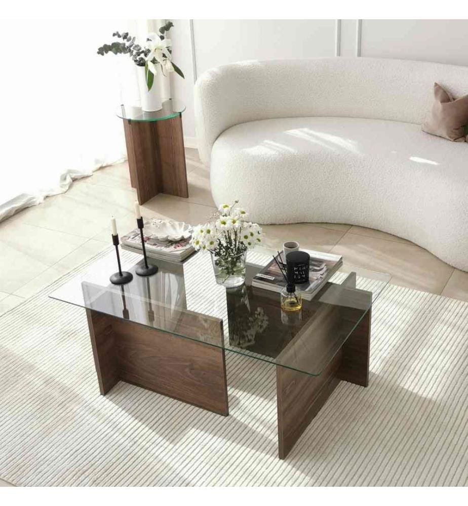 Table basse, noyer, verre trempé, cadre en panneaux de particules mélaminés