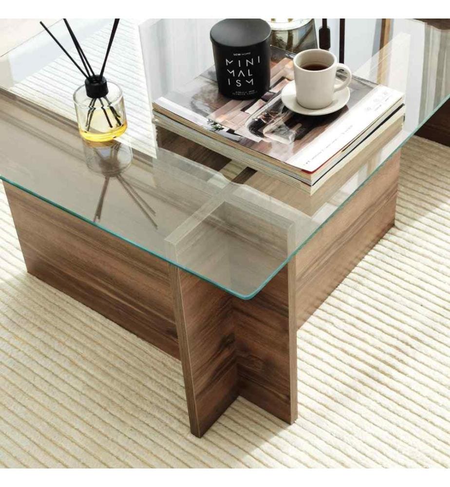 Table basse, noyer, verre trempé, cadre en panneaux de particules mélaminés