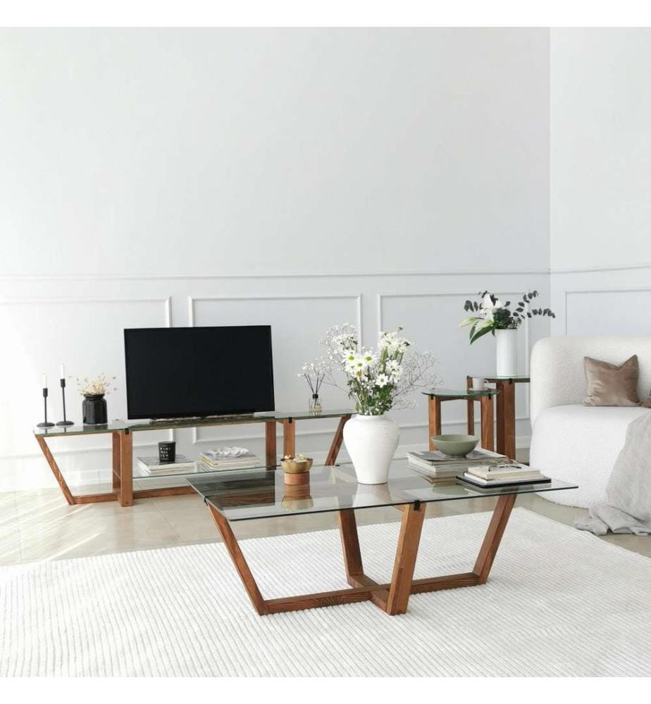 Table basse, noyer, verre trempé, cadre en panneaux de particules mélaminés