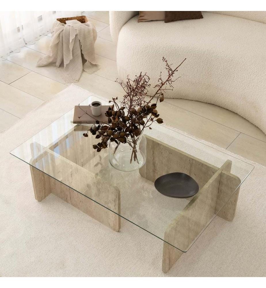 Coffee Table, Travertine, Top: 100% GLASS, Bottom: 100% MELAMINE COATED PARTICLE BOARD