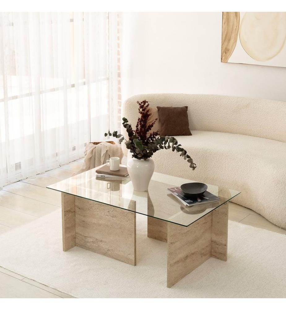 Couchtisch, Travertin, Platte: 100 % GLAS, Untergestell: 100 % MELAMINBESCHICHTETE SPANPLATTE