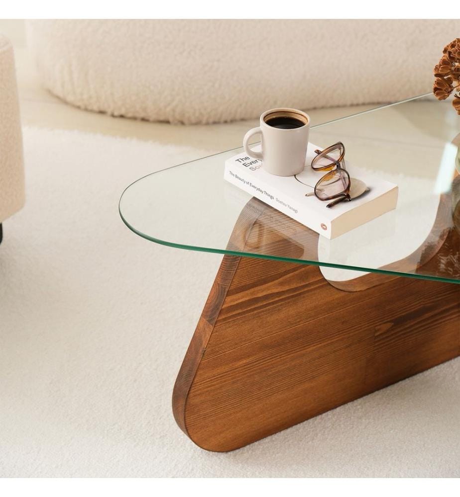 Table basse, châtaignier, 100 % VERRE TREMPÉ, structure : 100 % BOIS MASSIF