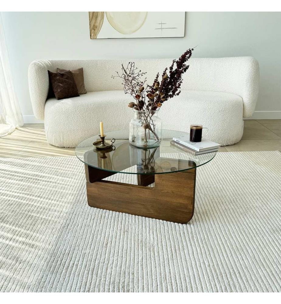 Coffee Table, Walnut, Transparent, 100% TEMPERED GLASS, Frame: 100% SOLID WOOD