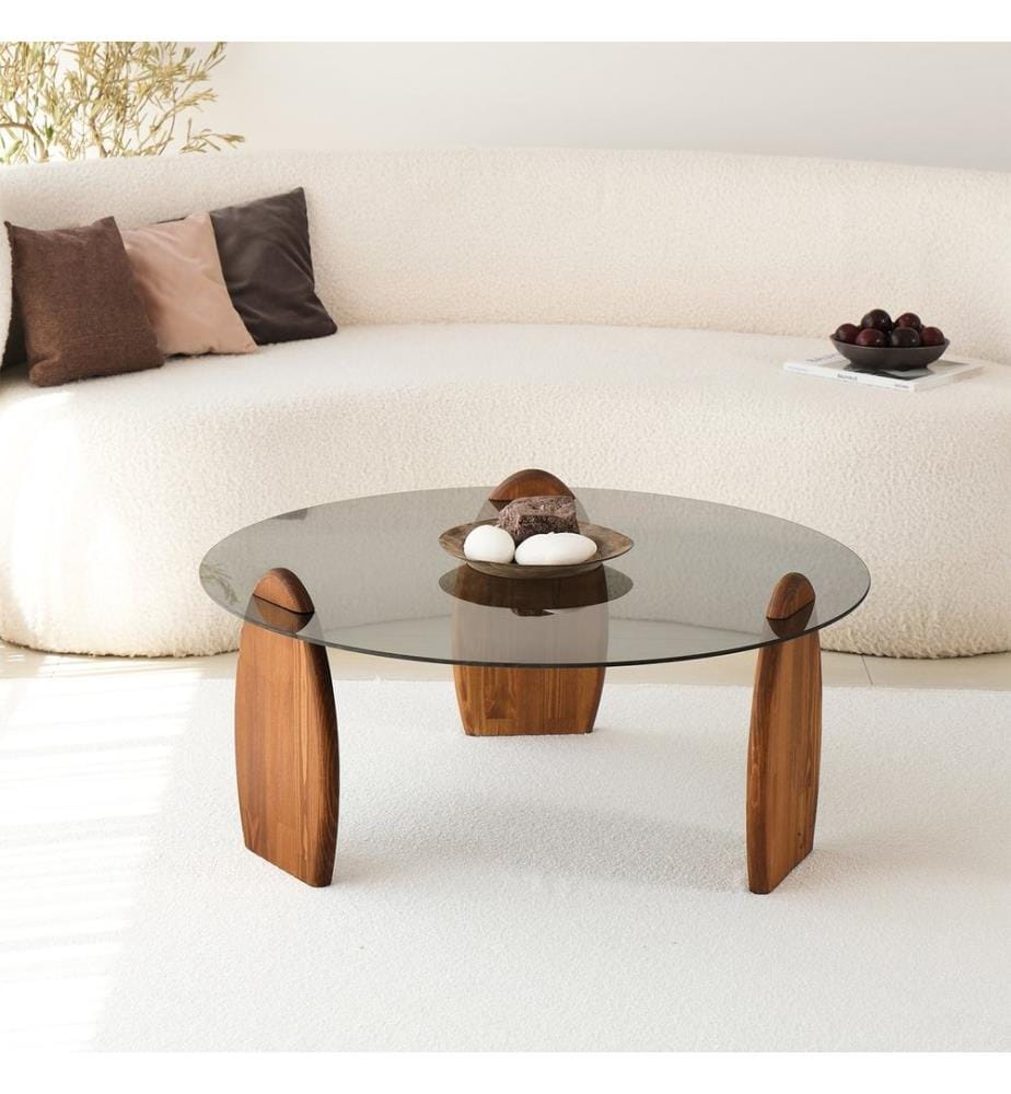 Table basse, châtaignier, fumé, 100 % VERRE TREMPÉ, structure : 100 % BOIS MASSIF