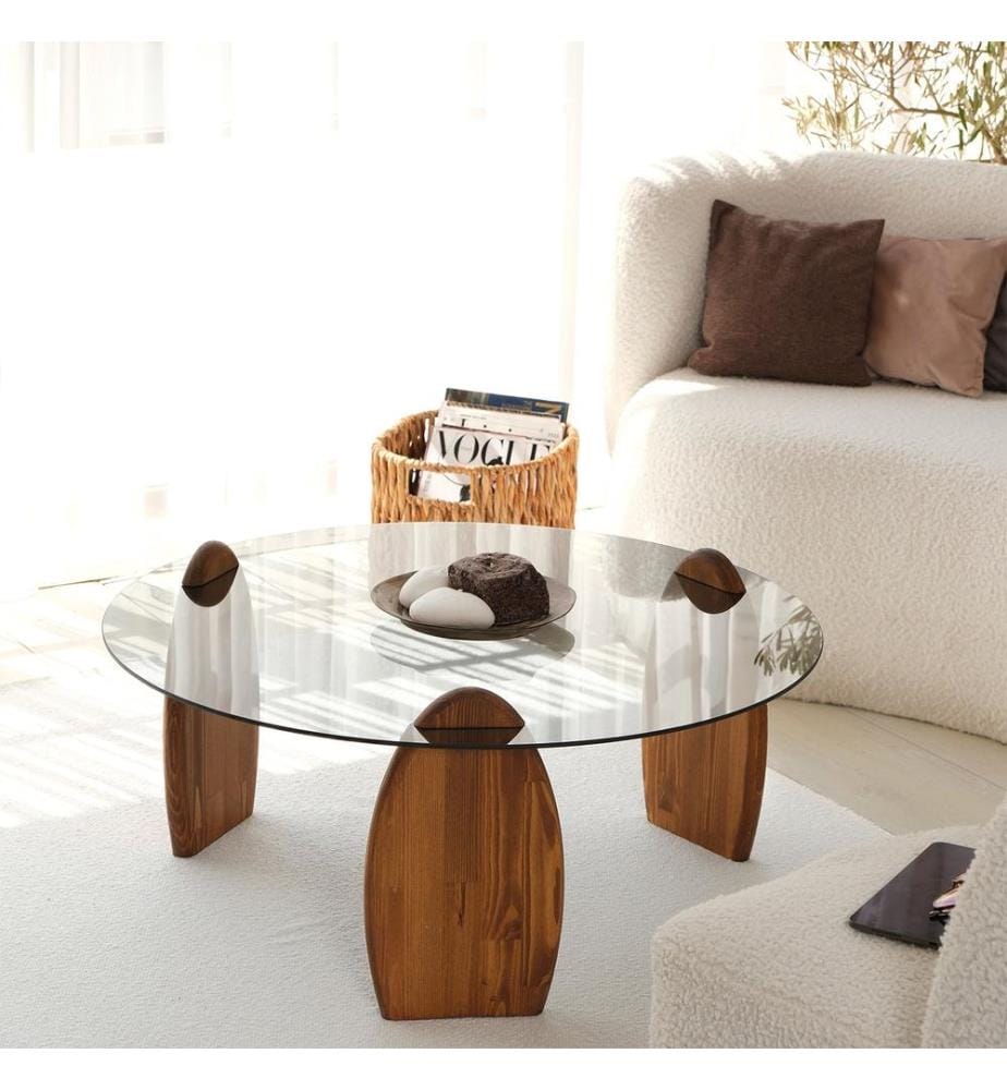 Table basse, châtaignier, fumé, 100 % VERRE TREMPÉ, structure : 100 % BOIS MASSIF