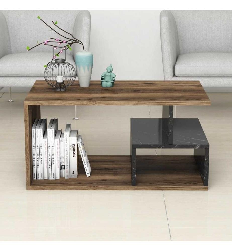 Table basse, noyer foncé, marbre noir, panneau de particules mélaminé