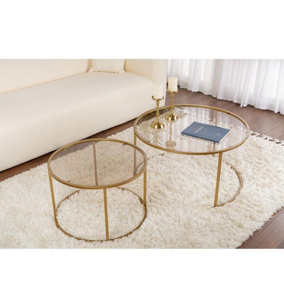 Ensemble de tables basses, doré, bronze, 100 % VERRE TREMPÉ, structure : 100 % MÉTAL