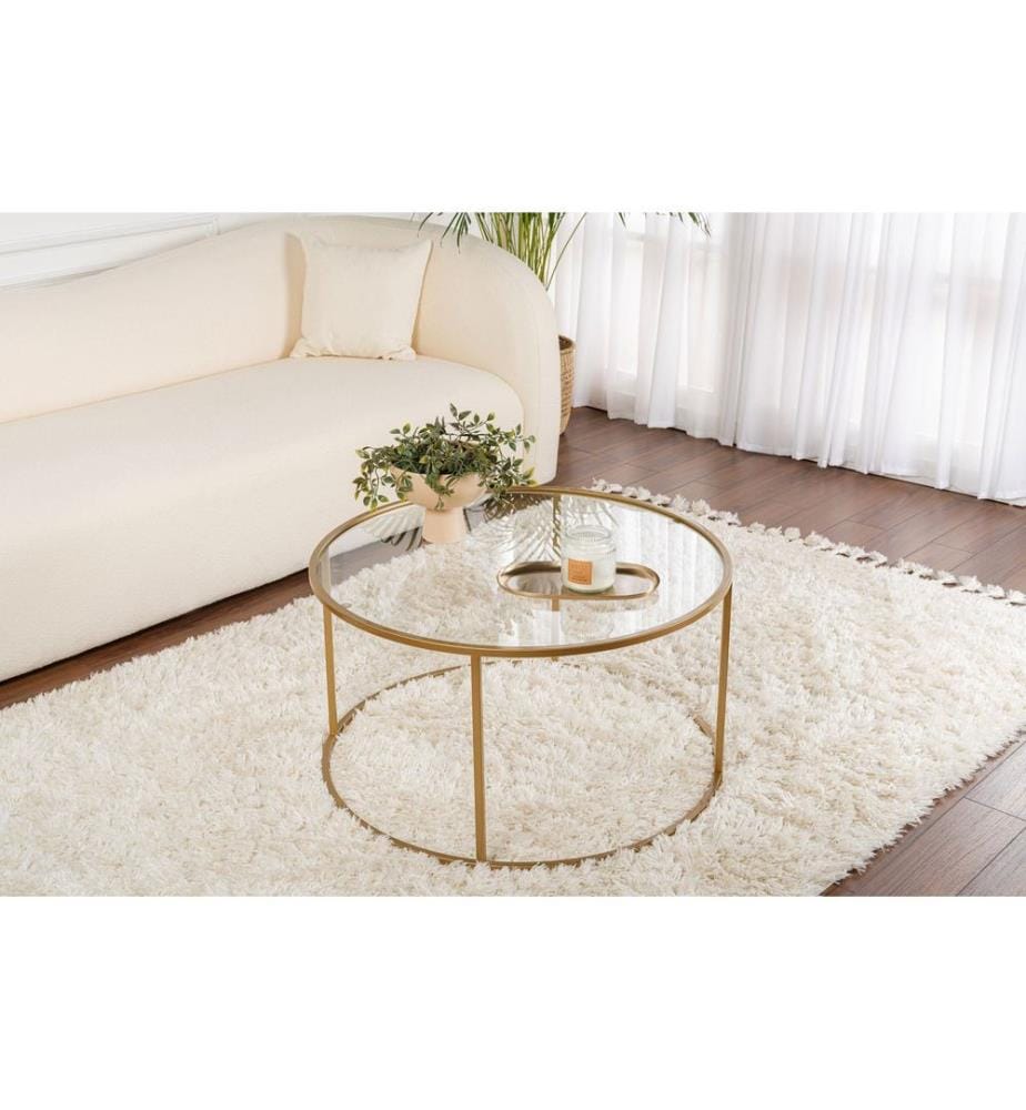 Table basse, dorée, transparente, 100 % VERRE TREMPÉ, structure : 100 % MÉTAL