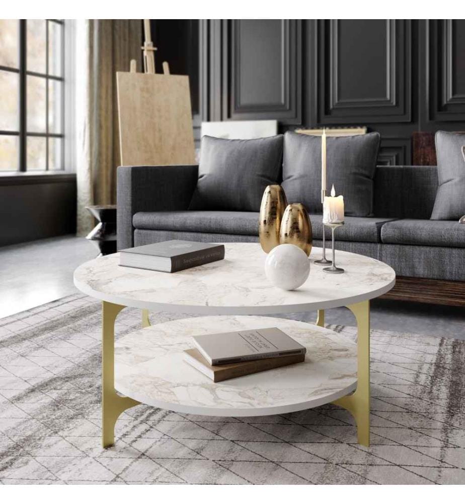Table basse, or, blanc, panneau de particules mélaminé
