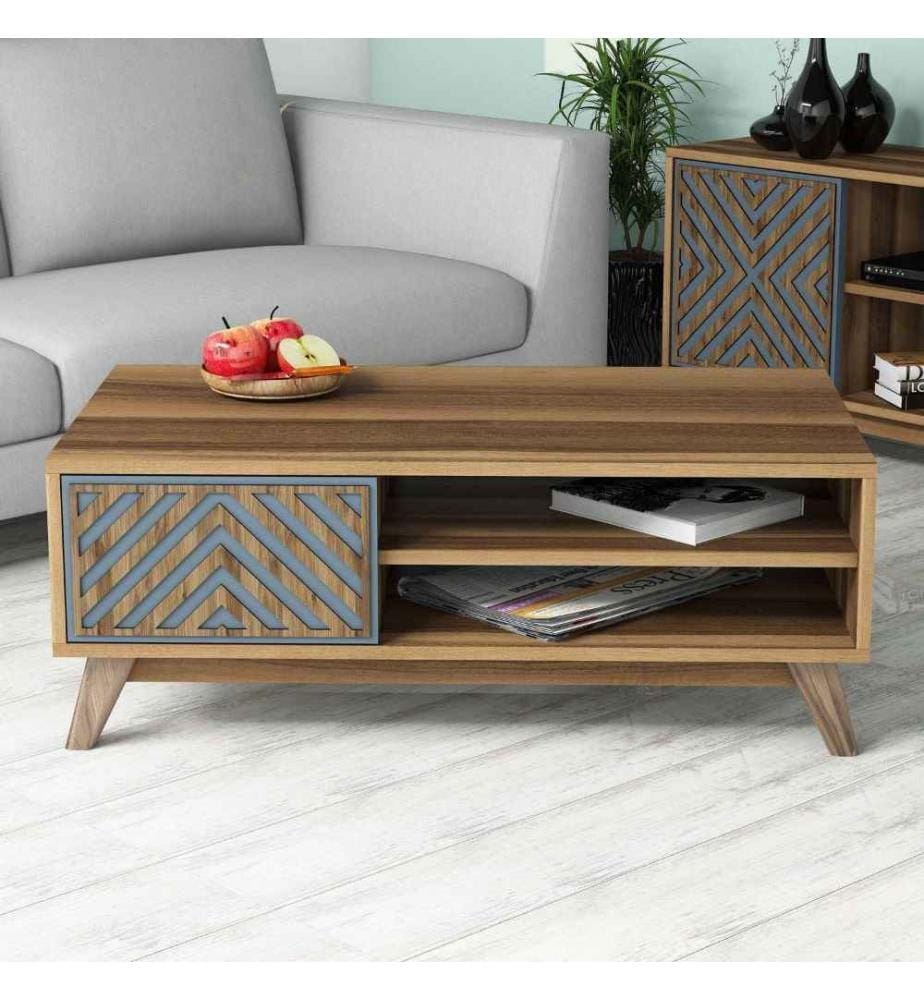Table basse, noyer, bleu, panneau de particules mélaminé