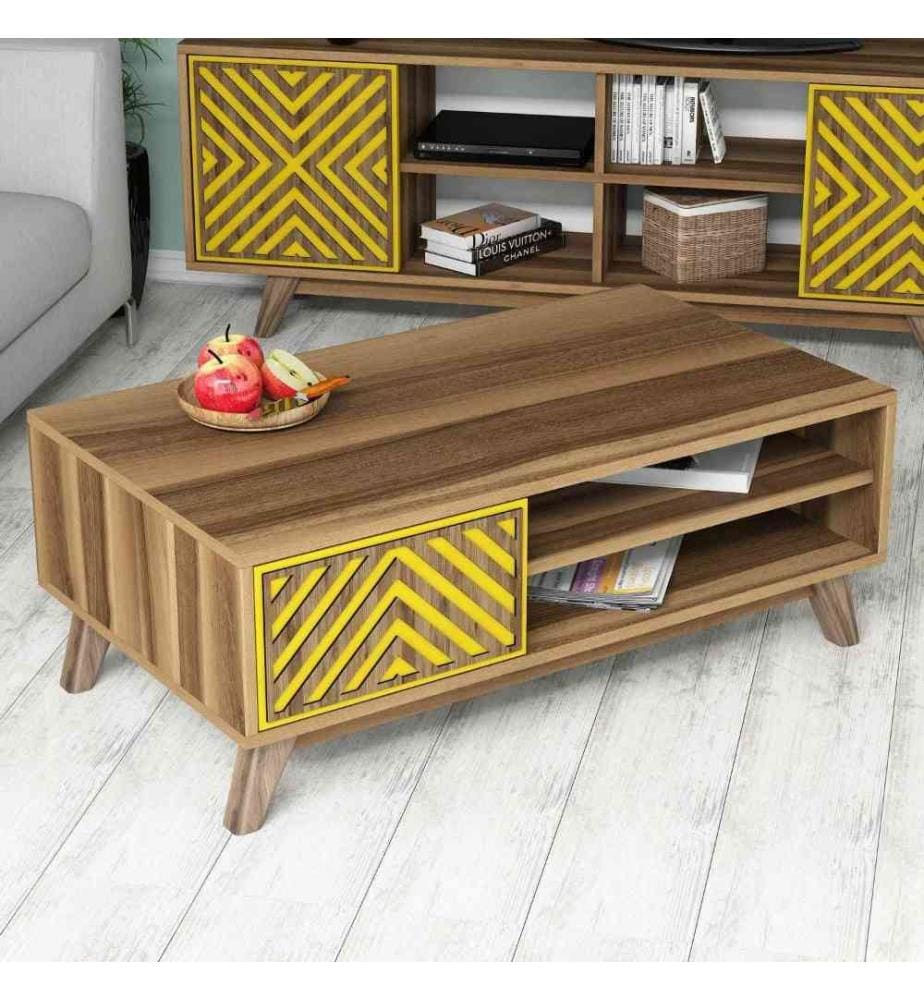 Table basse, noyer, jaune, panneau de particules mélaminé