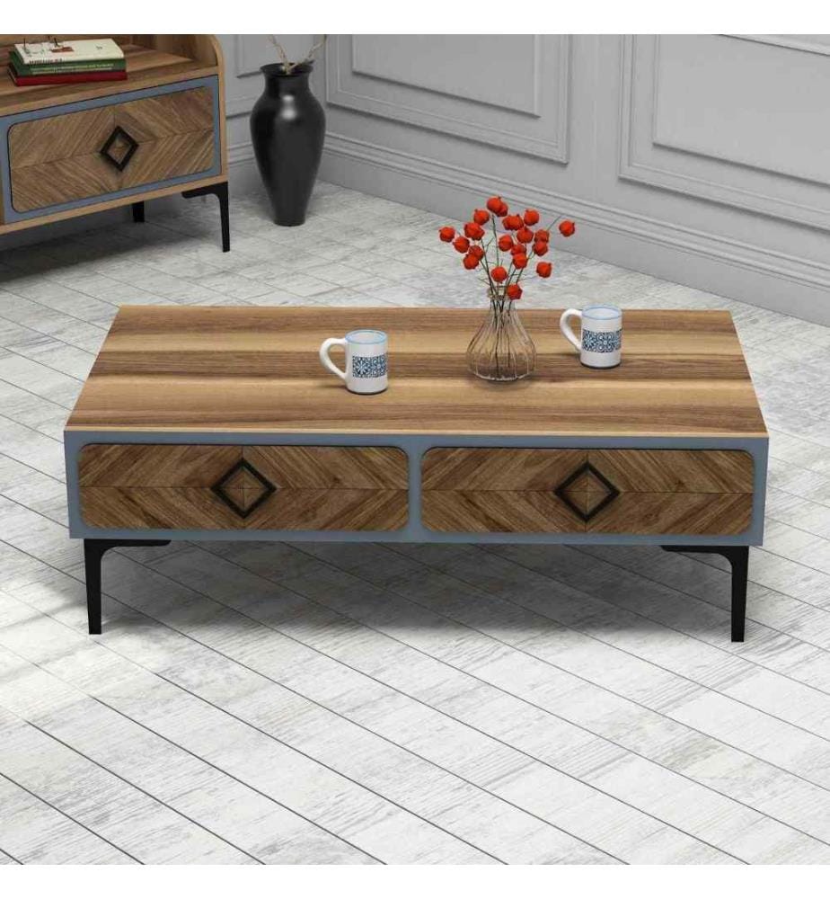 Table basse, noyer, bleu, panneau de particules mélaminé