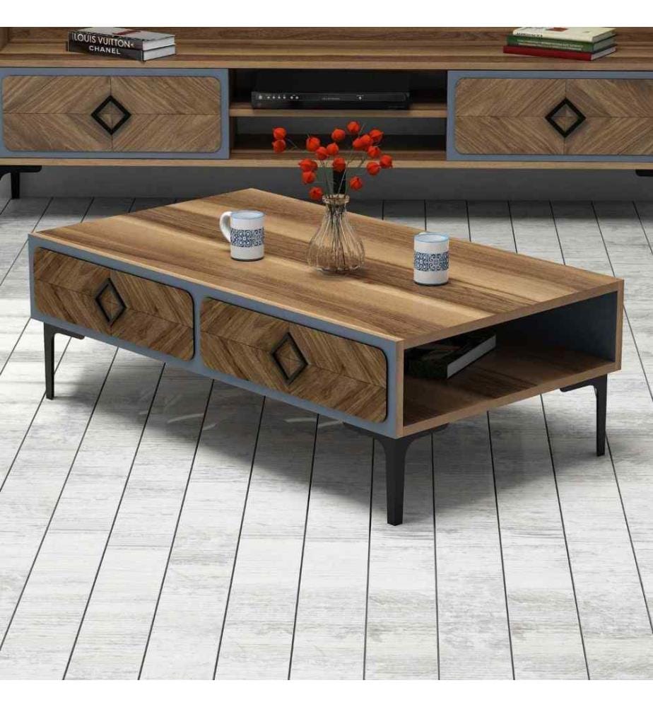 Table basse, noyer, bleu, panneau de particules mélaminé