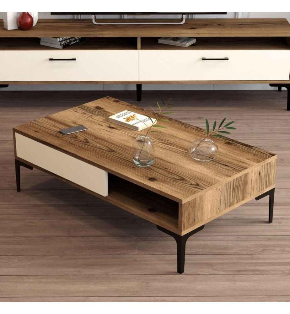 Table basse, noyer, crème, panneau de particules mélaminé